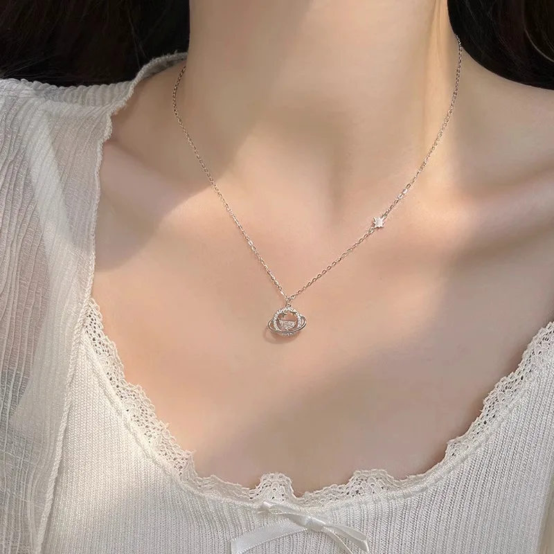 S999 Silver Planet Necklace Clavicle Chain Birthday Gift for Girlfriend