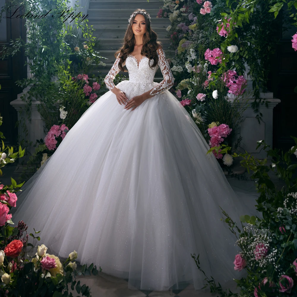 Lceland Poppy Customized Scoop Neck Ball Gown Wedding Dresses Full Sleeves Beaded Tulle Bridal Gowns with Chapel Train