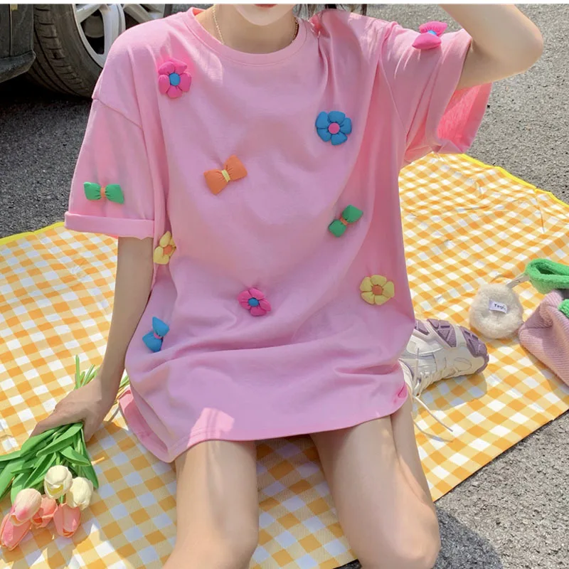 Women Short Sleeve T-shirts Sweet Girls Summer Loose 3D Flower Lovely Trendy Tops Students Soft Ulzzang Tees Females 2023 Newest