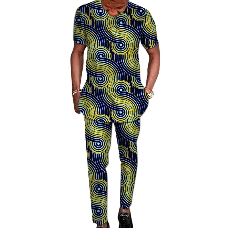 Nigerian Fashion Men\'s Short Sleeve Tops+Trousers African Wax Colorful Print Male Pant Suits Wedding Party Garment