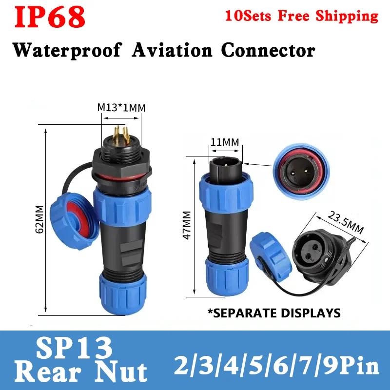 SP13 Rear Nut Type Waterproof Aviation Connectors  IP68 2/3/4/5/6/7/9 Pin Cable Connectors Male/Female Plug&Socket Panle mount