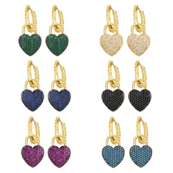 FLOLA Gold Plated Beads Hoop Heart Earrings for Women CZ Green Heart Dangle Earrings Lover Jewelry Valentine Gifts ersa322