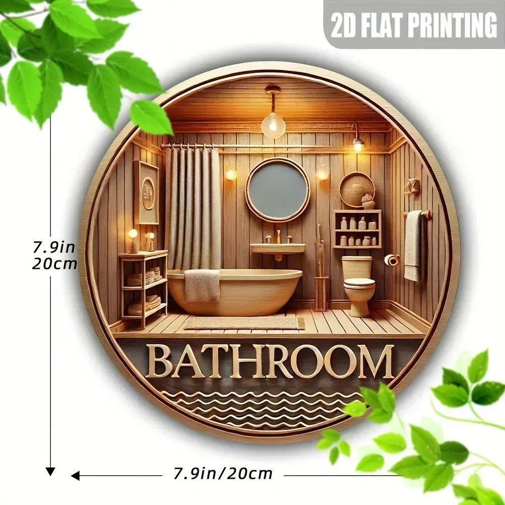 Vintage 3D-Effekt Badezimmer Metall-Wandkunst, Rundes Retro Rustikales Holz-Badezimmer Dekoratives Blechschild, Warmes Badezimmer-Thema Metalldekoration