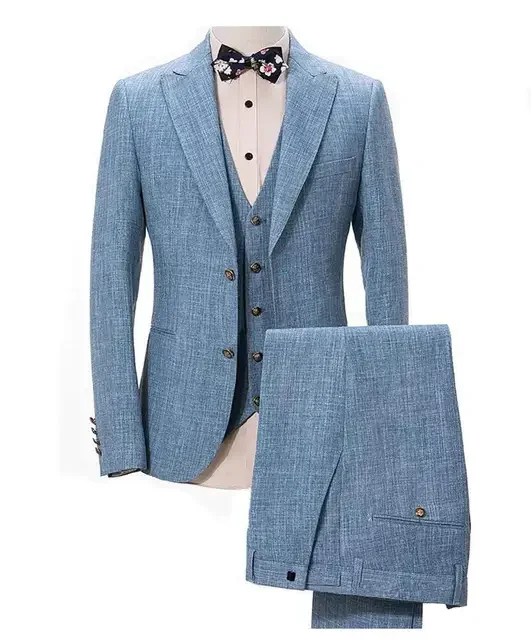 New Design Light Blue Linen Suit for Men 3 Pieces Formal Wedding Prom Set Slim Fit Jacket Best Man Tuxedos Costume Homme Suit