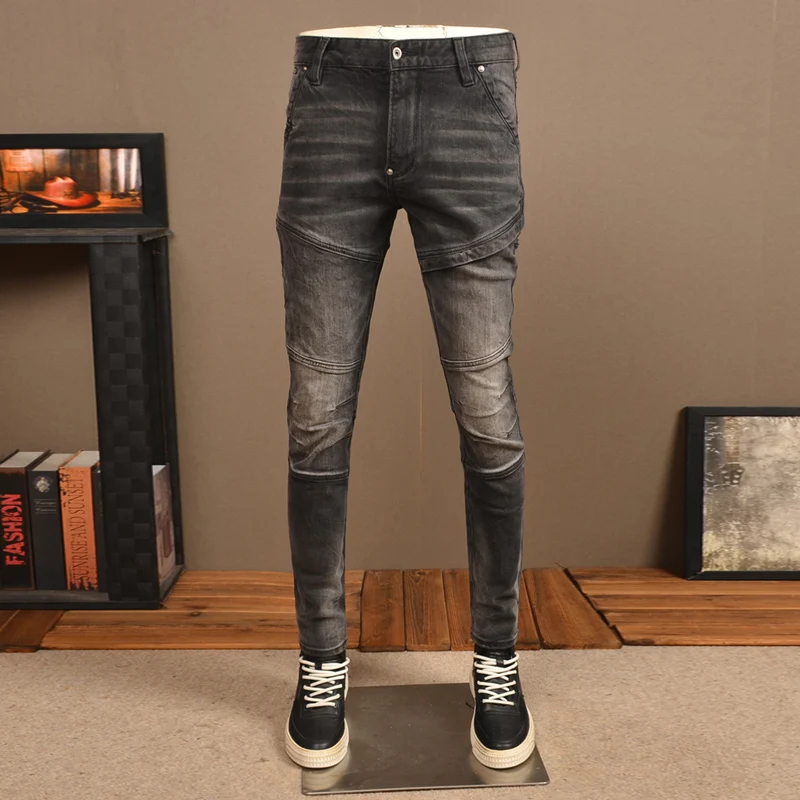 

Street Fashion Men Jeans High Quality Retro Black Gray Stretch Slim Fit Biker Jeans Spliced Designer Hip Hop Denim Pants Hombre