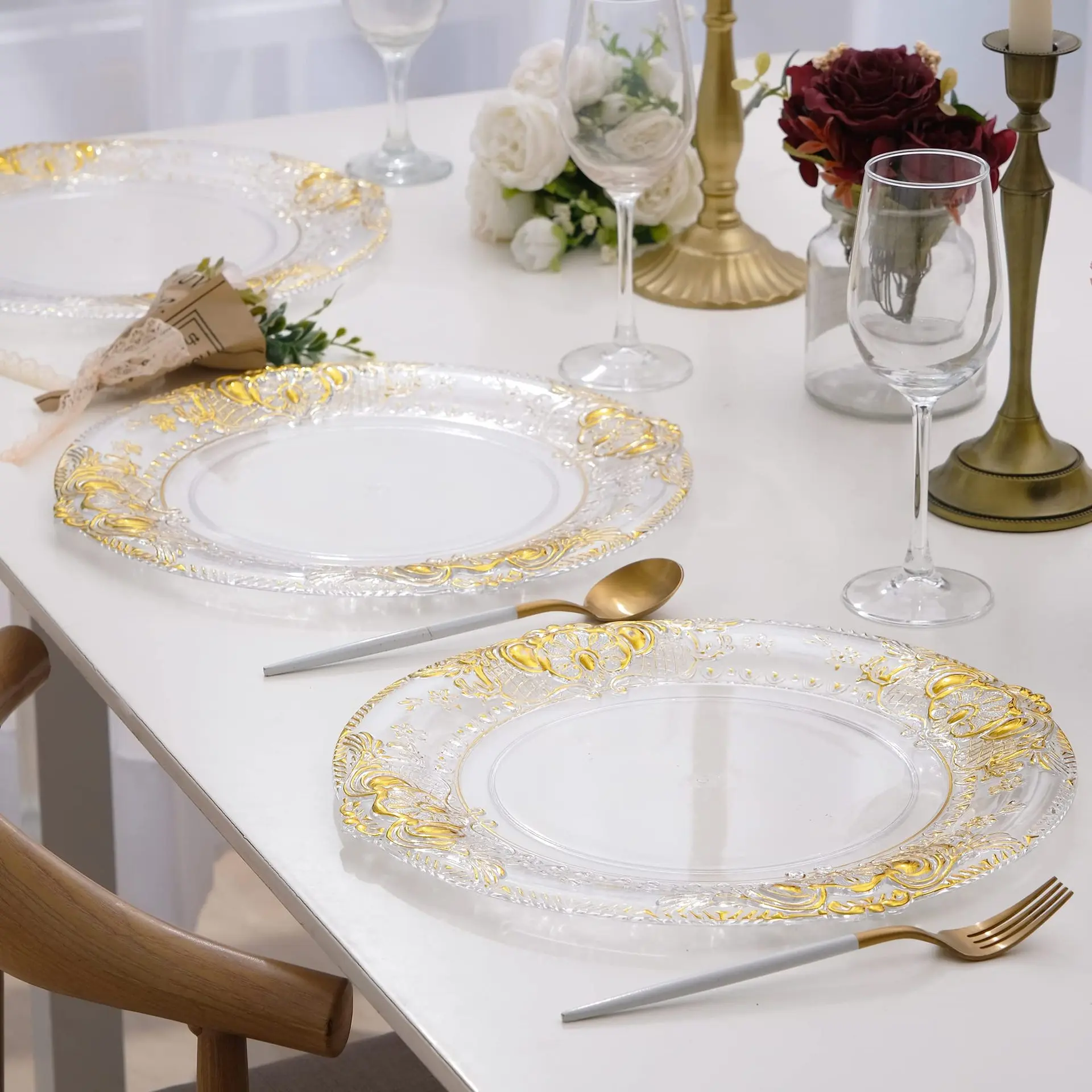 13Inches Crystal Charger Plate Plastic Decorative Service Plate Gold Silver Dinner Serving Wedding  Decor Table Place Settin