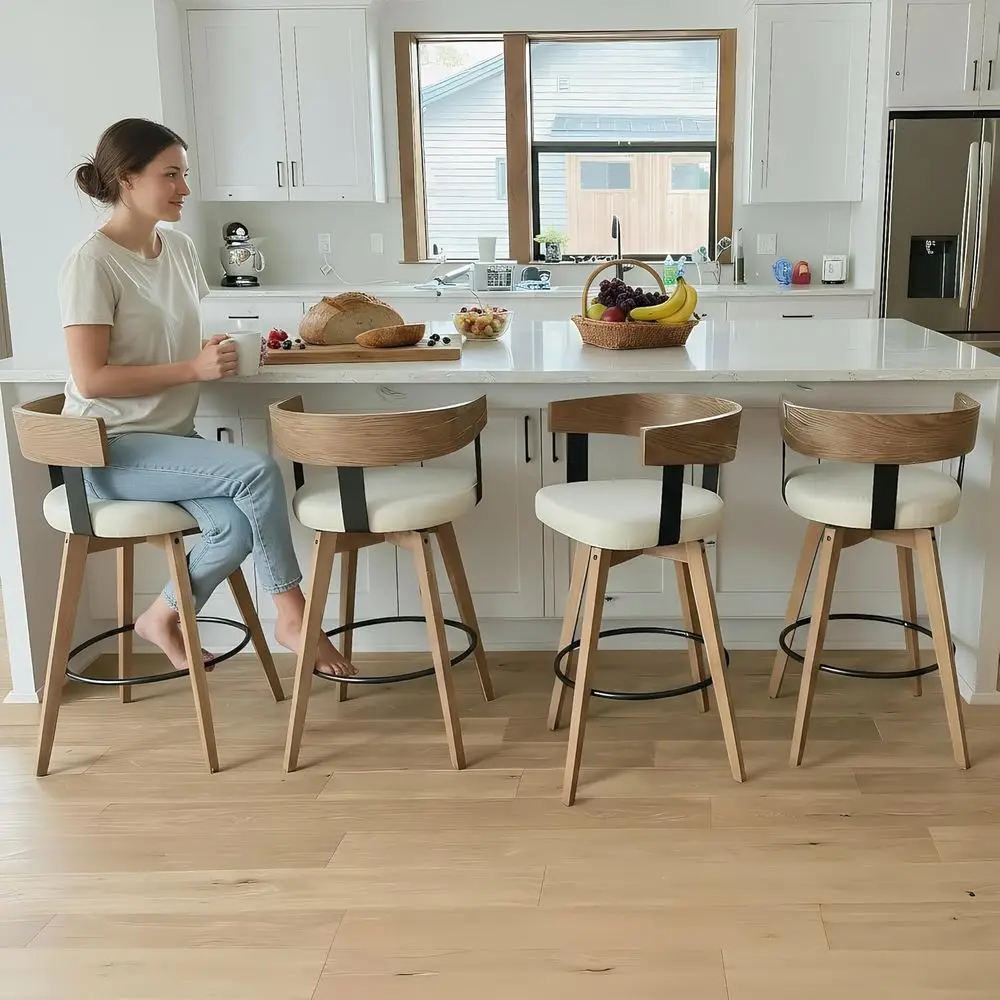 

Набор из 4-х барных стульев с поворотным механизмом, высотой 26 дюймов, с обивкой из льняной ткани - белые деревянные барные стулья для кухонного острова или дома.