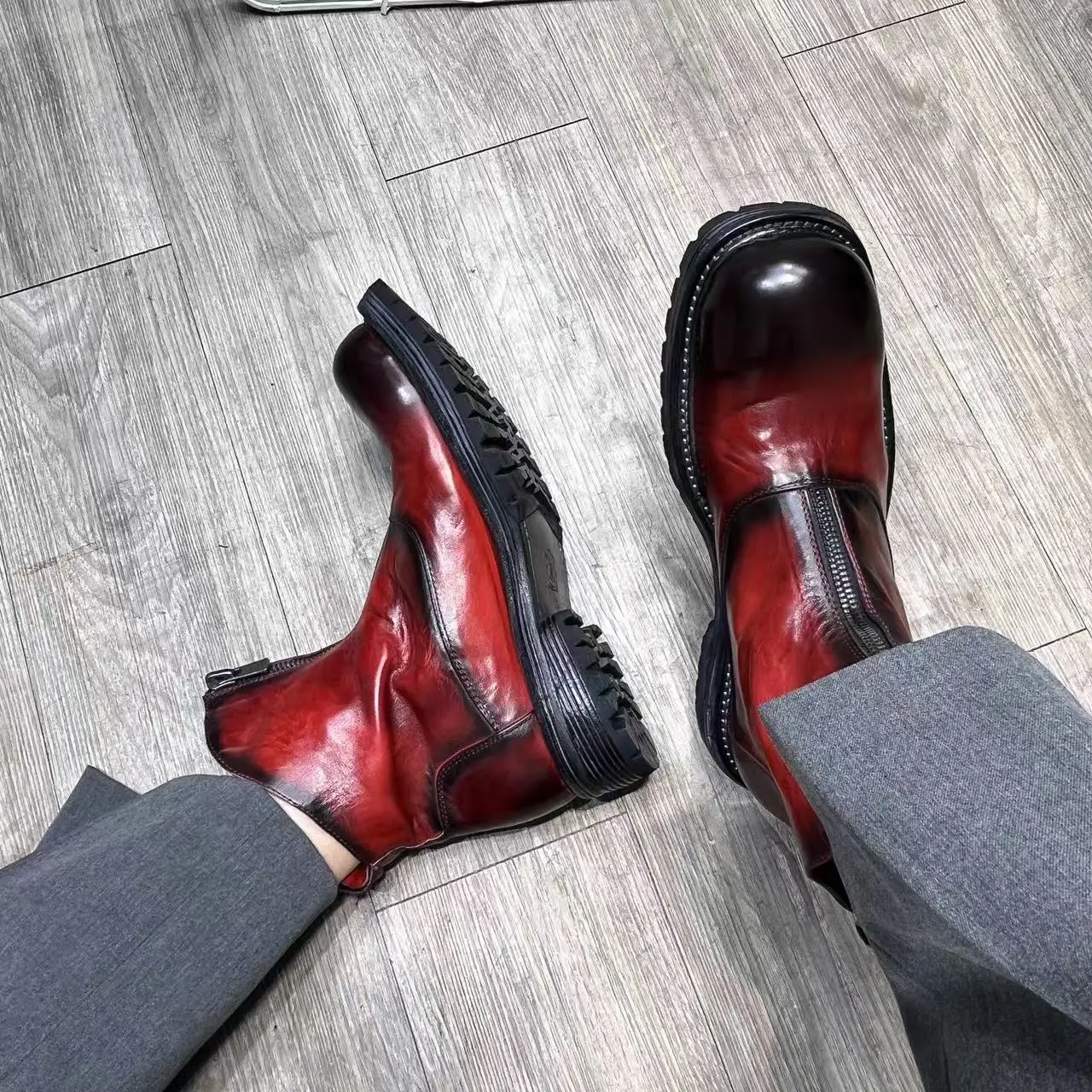 

American Genuine Leather Retro Trendy Chelsea Boots Men Shoes Casual High Top Front Zipper Thick Sole Motorcycle Boots Male