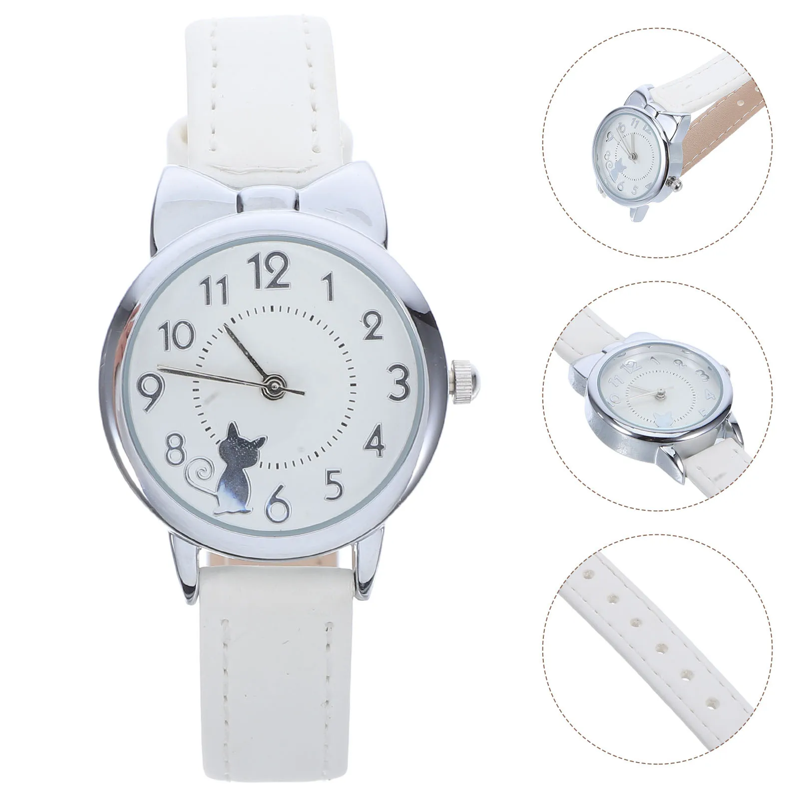 Quartz Wrist Watch Cute Cat Design Metal Face PU Band Analog Watch for School Casual Watches for