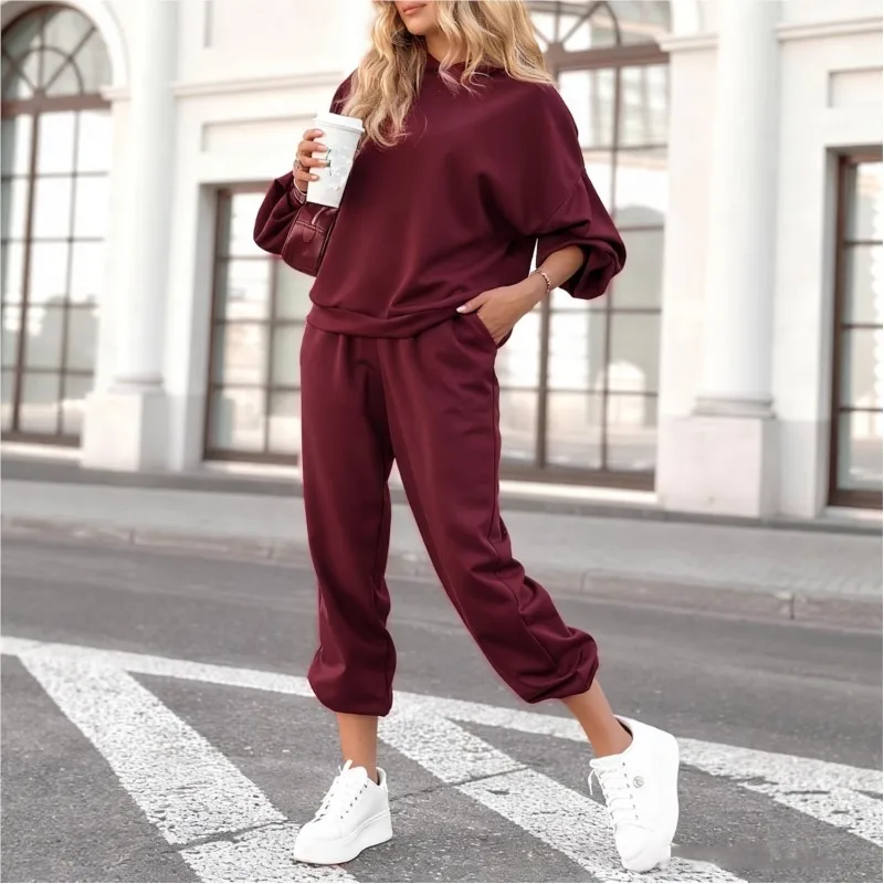 جديد الخريف الشتاء تنوعا الرياضة نمط بلون دعوى المرأة جولة الرقبة طويلة الأكمام فضفاضة البلوز بنطال ذو قصة أرجل واسعة 2 قطعة مجموعة #1