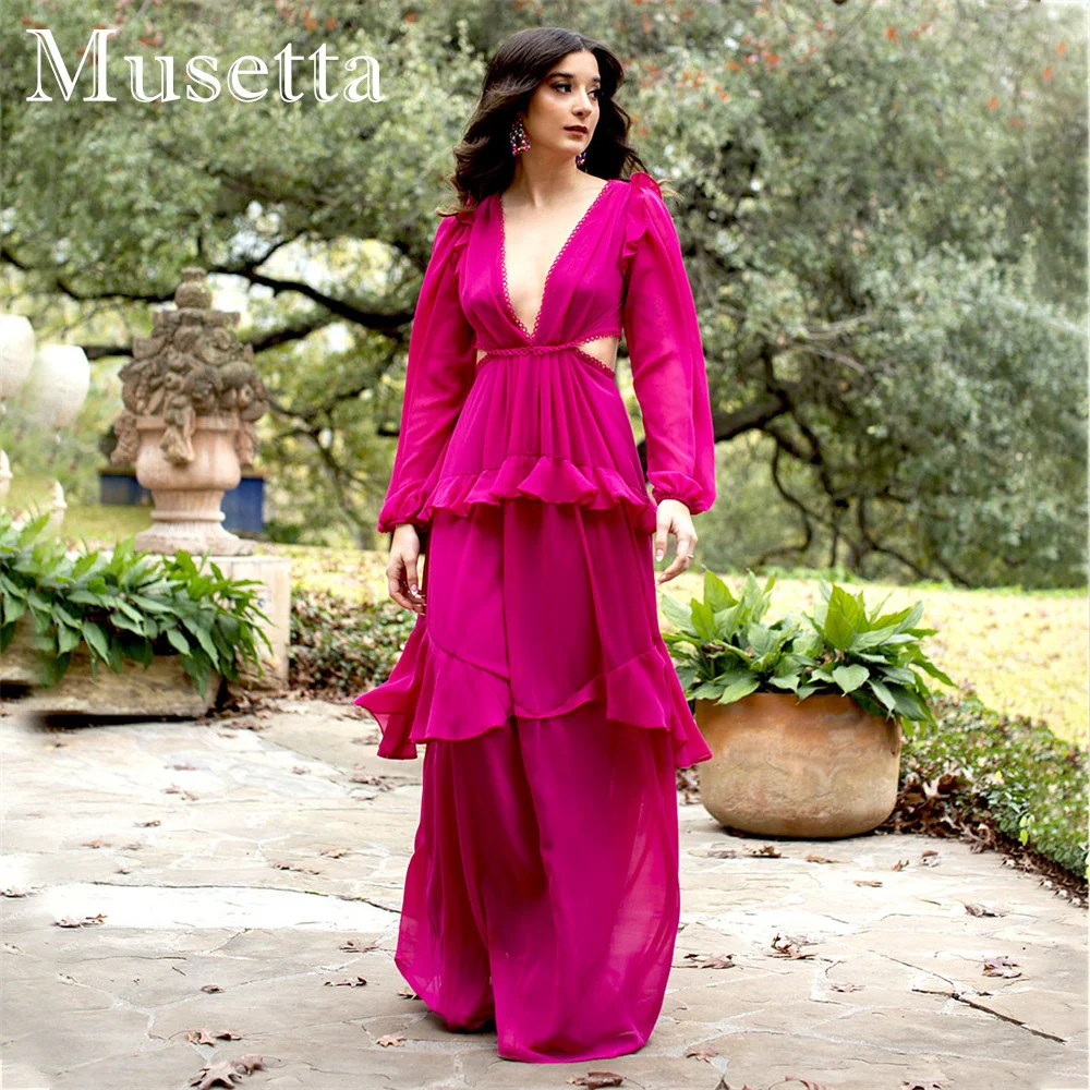 

Musetta Deep V Neck Long Sleeves Prom Dress A Line Ruffles Cut Out Formal Party Dress Floor Length Evening Dresses Customized