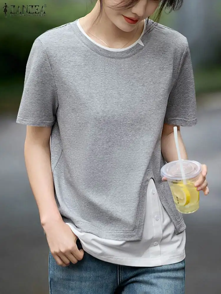 ZANZEA Casual Color Block Tees Tops Summer O Neck Short Sleeve Elegant T-shirt Fake Two-Piece Women Streetwear Fashion Blouses