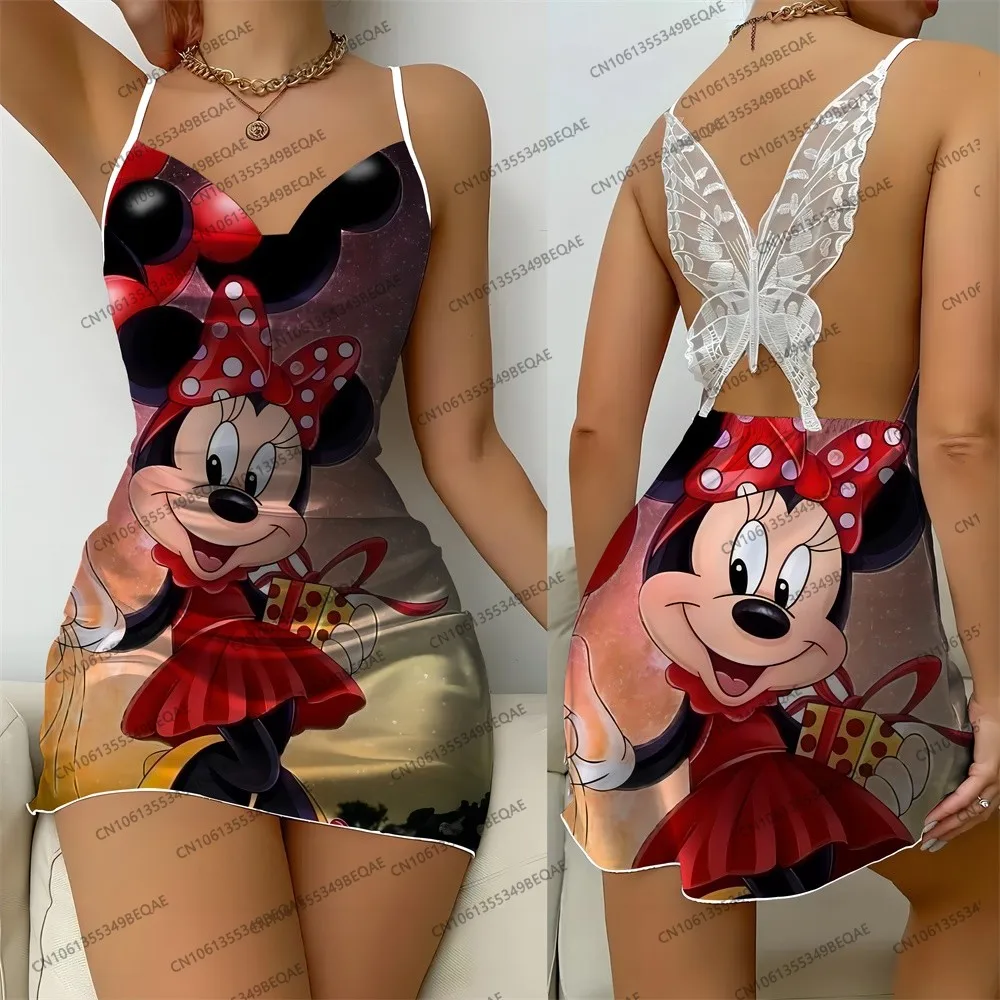 Women's Disney Cartoon Print 2025 Summer Short Skirt Elegant Suspender Sleepwear Sexy Backless Sleeveless Crew Neck Lace Dress