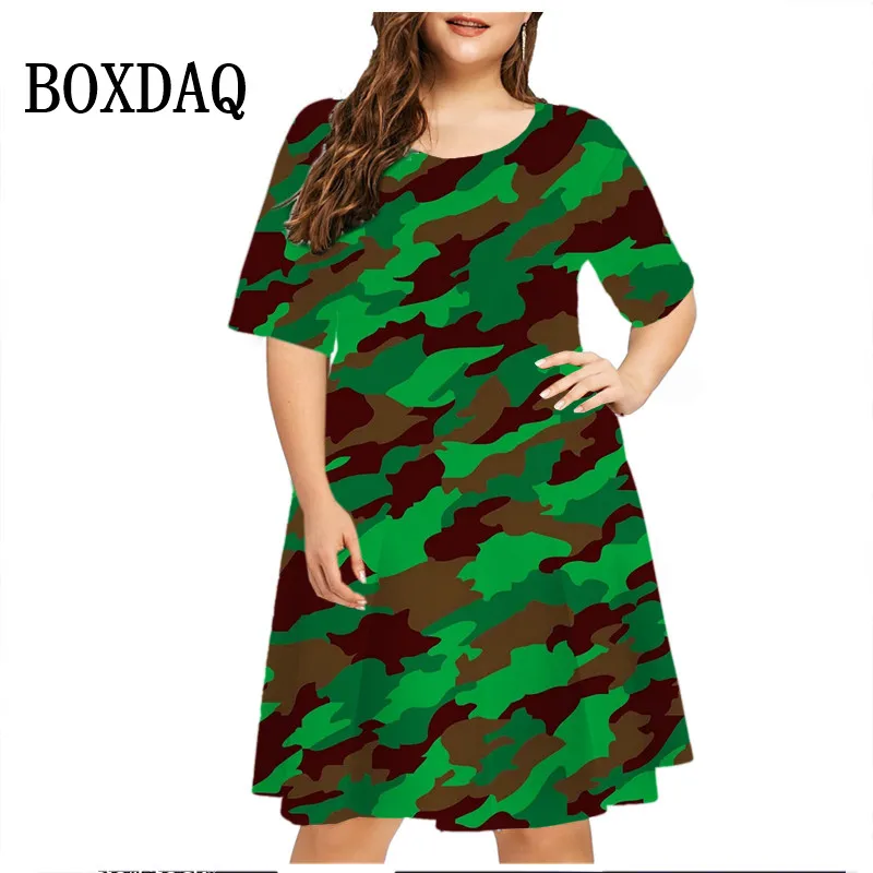 

Camouflage Militaire Dress Plus Size Green Camo Print Street Fashion Casual Dress Women Summer Short Sleeve Loose Mini Dresses