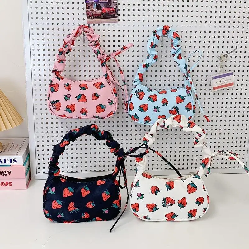 Cute Strawberry Print Ruched Strap Shoulder Bag With Zipper Closure Perfect For Daily Use School Shopping Travel