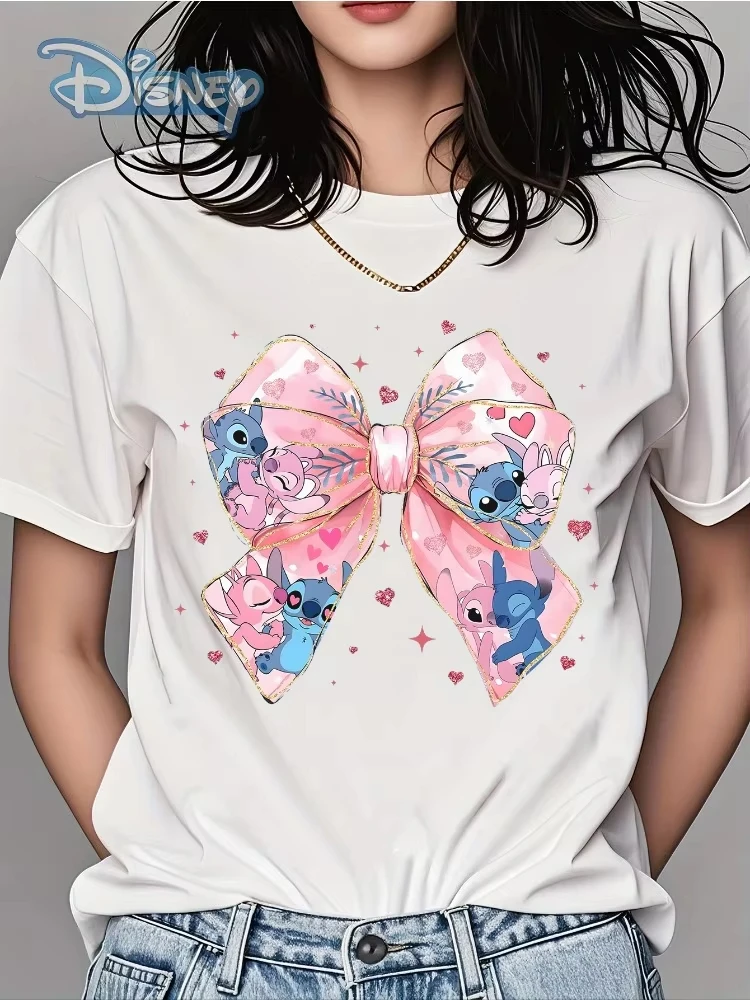 

Disney 2026, новая мода с бантом Disney Stitch, графический принт, высокое качество, модные женские свободные большие размеры с коротким рукавом