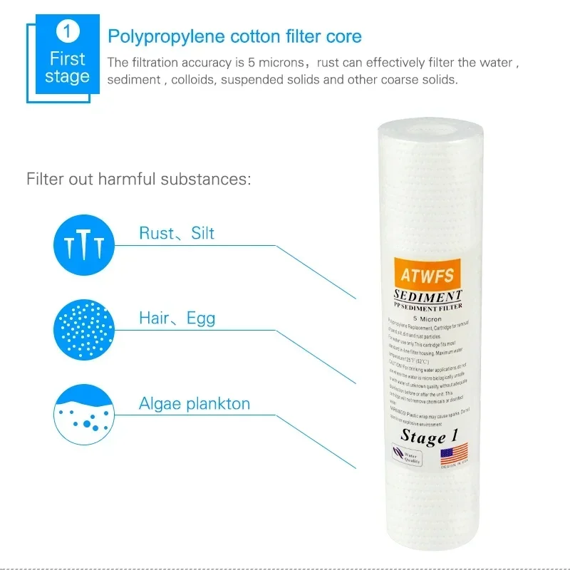 ATWFS Water Purifier Filter Membrane Cartridge 10 inch 5Micron ,1Micron PPF Cotton ,Activated Carbon Reverse Osmosis System