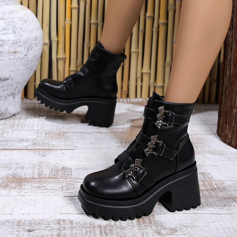 Gdgydh Women\'s Black Platform Boots Comfy Round Toe Buckle Strap Solid Color Chunky Heels Mid Calf Boots Gothic Style