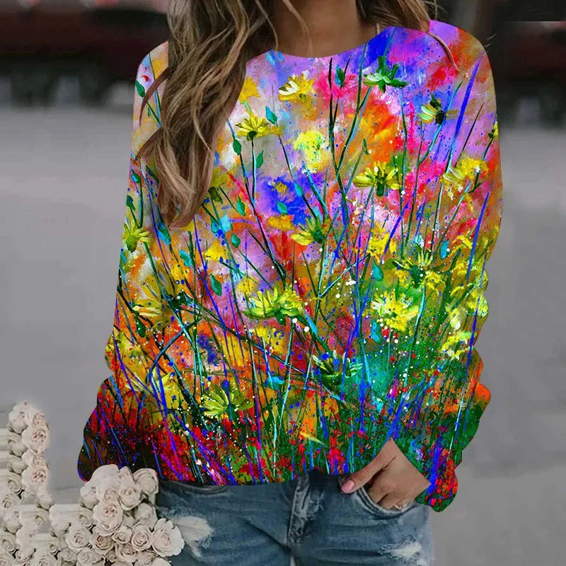 Autumn And Winter 3D Oil Paintings Printing Sweatshirts Women Florals Graphic Pullovers Harajuku Fashion Clothing Colorful Tops