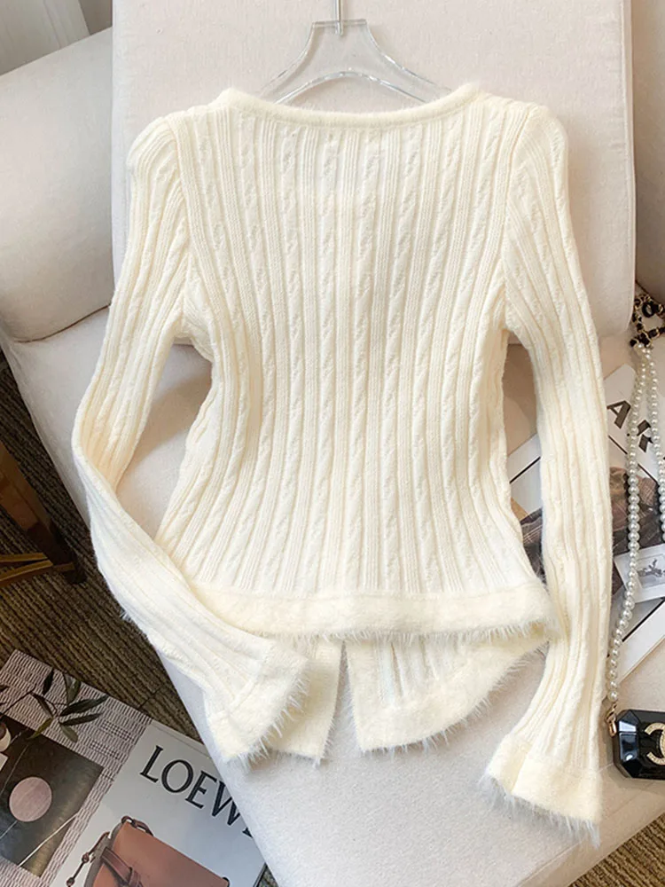 Beige O-Neck Fashion Sweater Autumn 2024 New Button Design Slim Cardigan Women Sweet Elegant Romantic Long Sleeve Cashmere Top