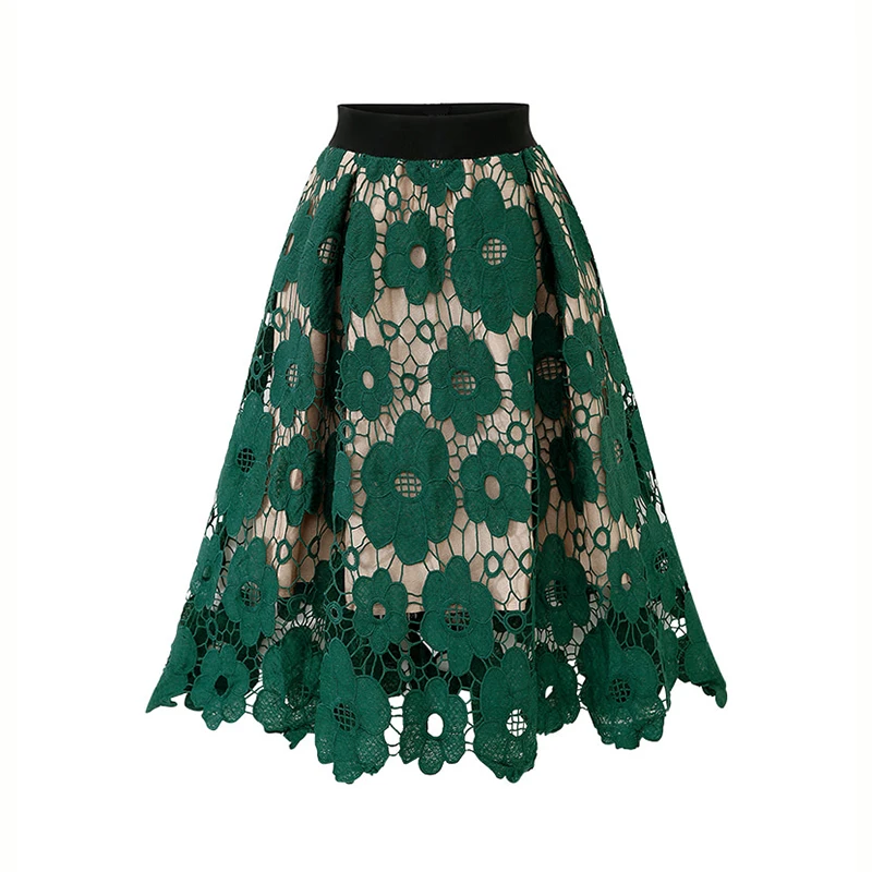 Summer Boho Lace Skirts Women Vintage Mesh Hollow Out Plus Size Skirt Elastic Waist Elegant  A-Line Midi Saias Black Red Green