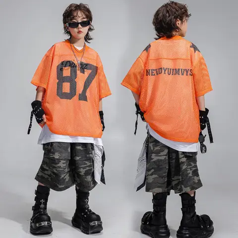 어린이 소년 소녀 여름 streetwear 힙합 느슨한 짧은 소매 메쉬 티셔츠 위장 반바지 세트 어린이 무대 쇼 의상