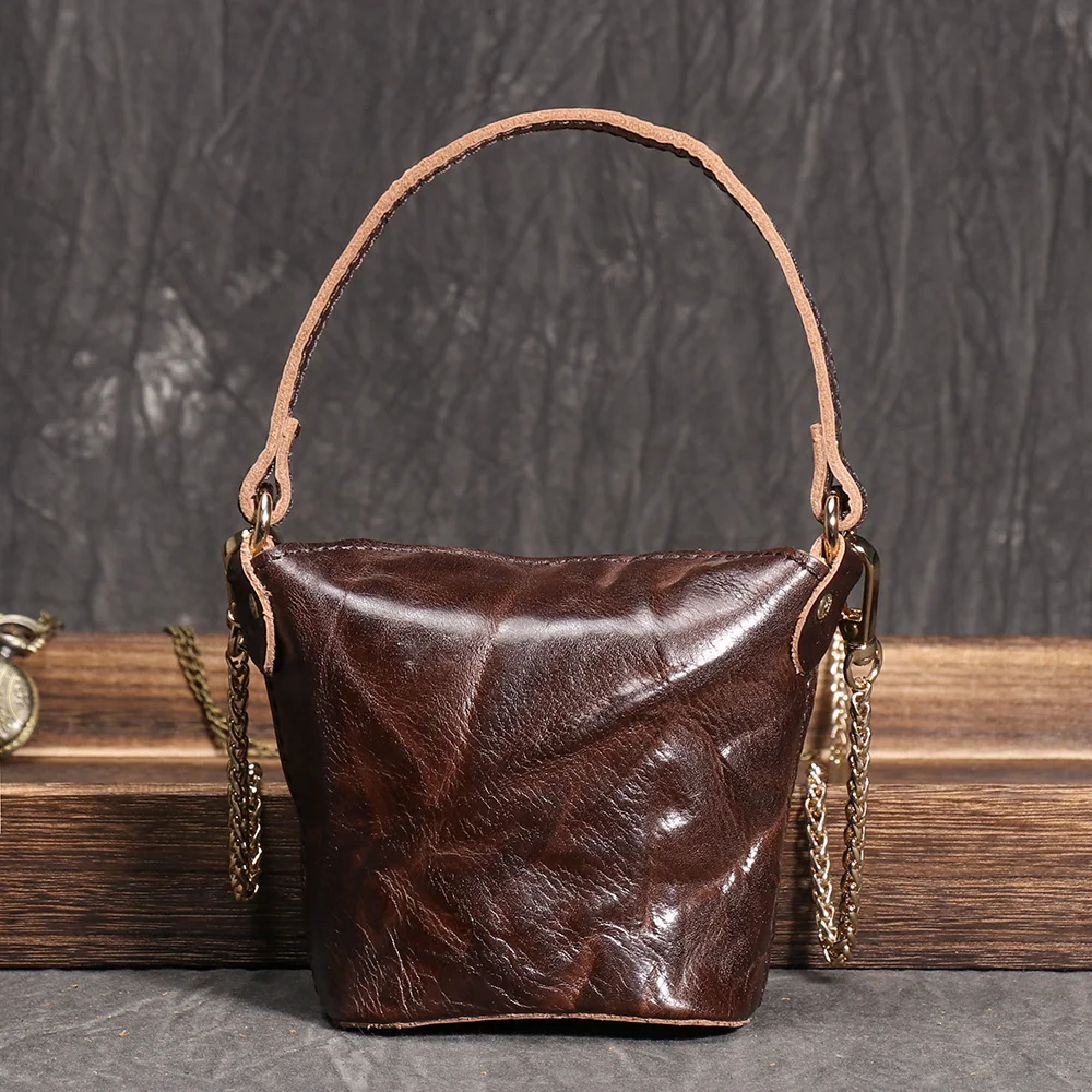LUOKIR Genuine Leather Women's Chain Crossbody Bag Vintage Handheld Shoulder Bag Headphone Bag Top Layer Cowhide Coin Purse