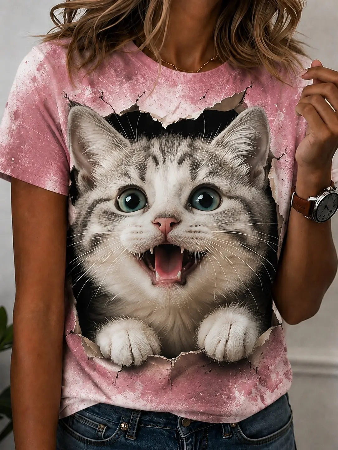 Women's Cute Cat 3D Print T-Shirt in Pink, Hole Cat Pattern Short Sleeve Summer Tee for Cat Lovers Park Picnic Party Animal Tops