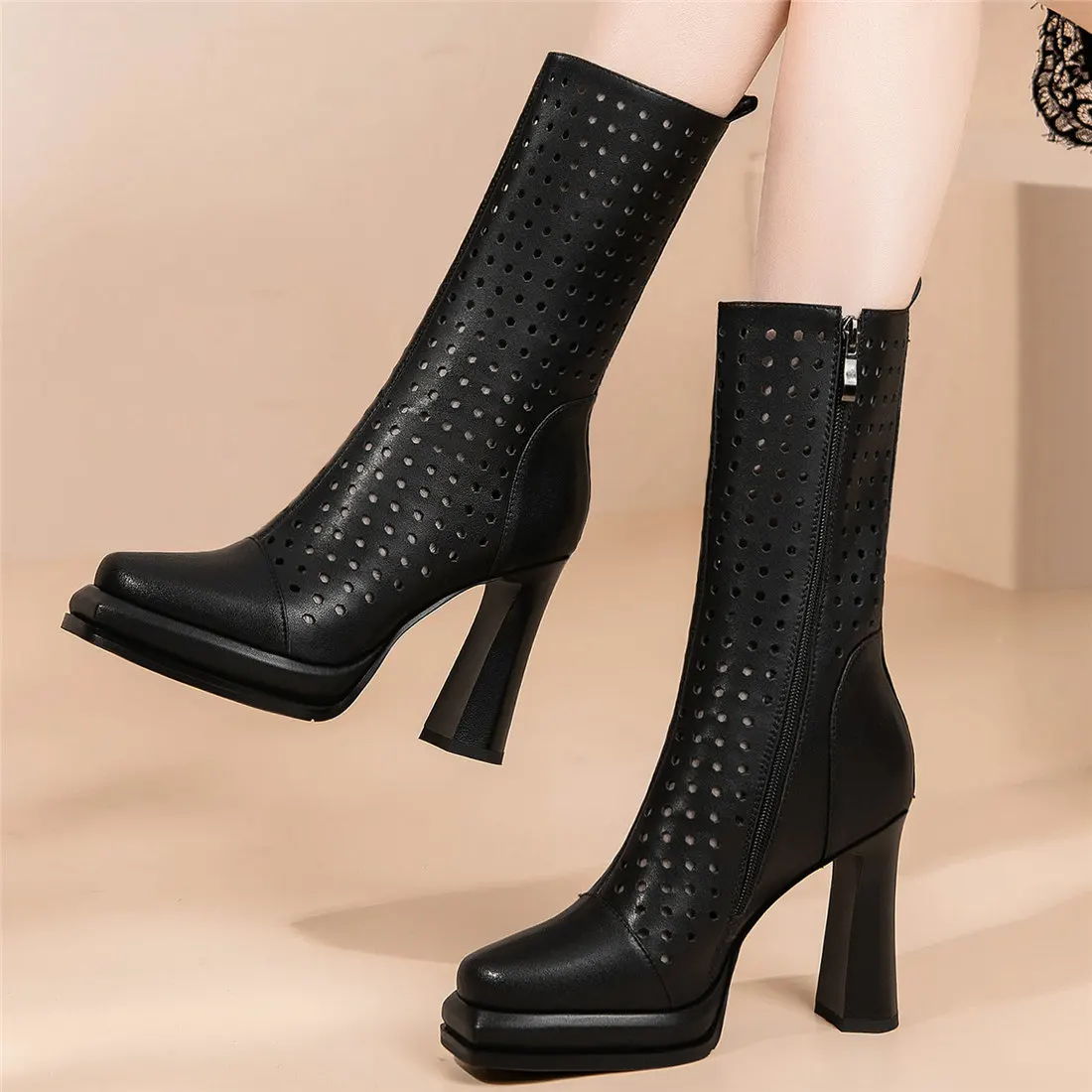 

2023 High Top Gladiator Sandals Women Genuine Leather High Heel Ankle Boots Female Summer Square Toe Platform Pumps Casual Shoes