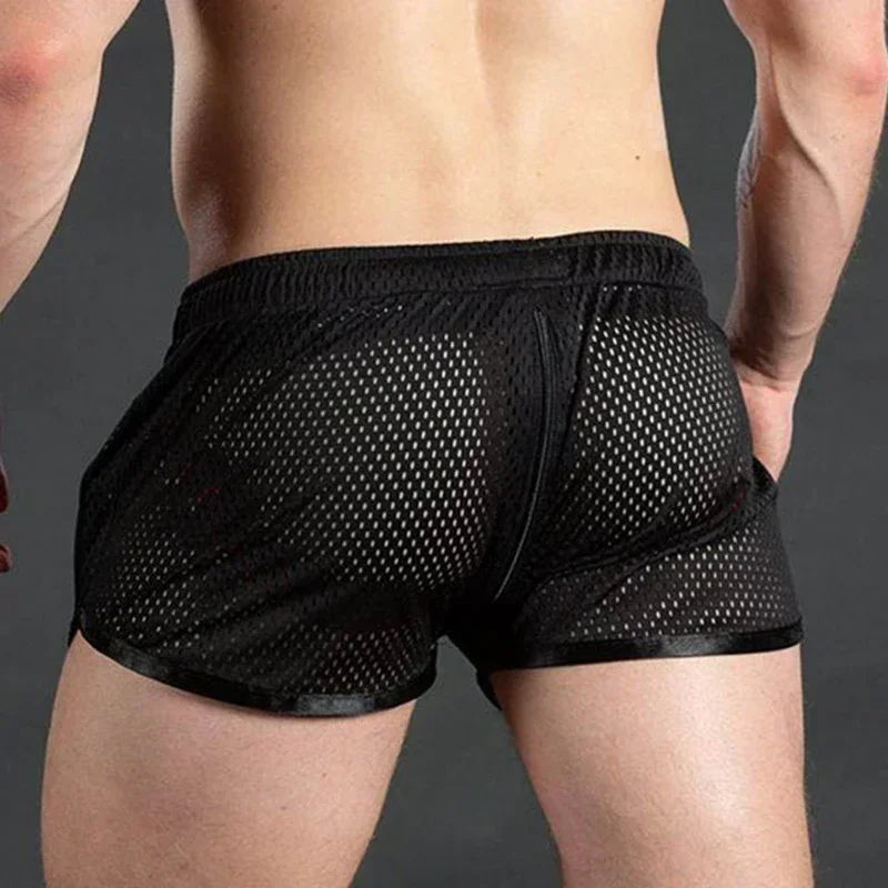 

Men Casual Gym Fitness Seamless Training Comfortable Shorts Sexy Mesh Breathable Solid Color Sports Beach Quick Dry Soft Trunks