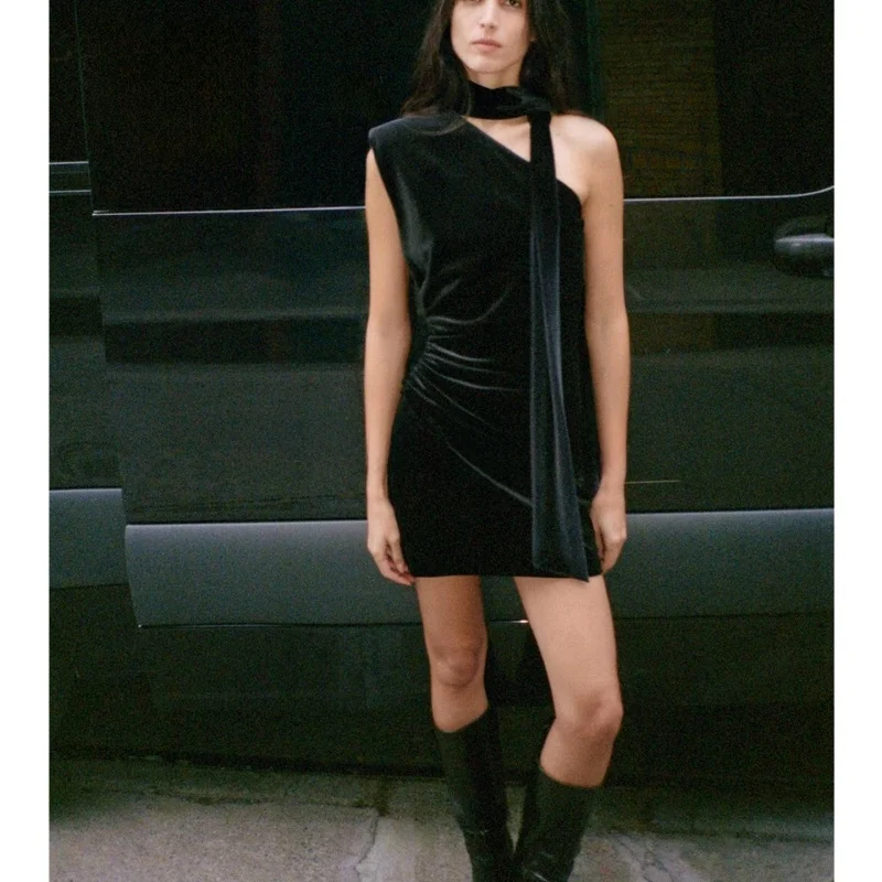 Herbst Winter Neue Ankunft Asymmetrischer Kragen Svel Schal Verziert Samt ort Dr Französisch Sle A-Line Slim Fit Casual