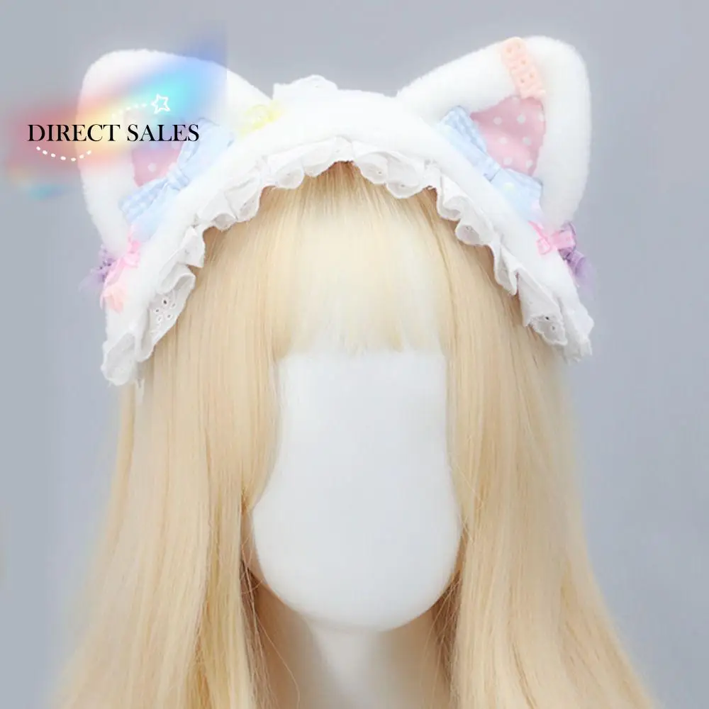 

Cute Bow Cat Ears Headband Lace Plush Bear Ear Hair Band Headwear Polka Dot Lolita Bandeau Lolita Accessories