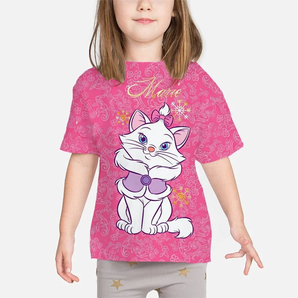 Children T-shirt Kawaii Disney T Shirt Disney cute Mary cat ​Anime Cartoon Casual Clothes Kid Girl Boy Short Sleeve Top Tee