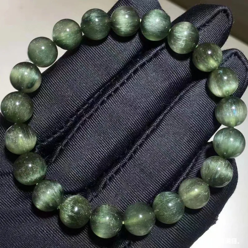 

Natural Brazilian Green Rutilated Quartz for Men and Women, Smooth Hairline 's Crystal Bracelet, Cat's Eye Stone