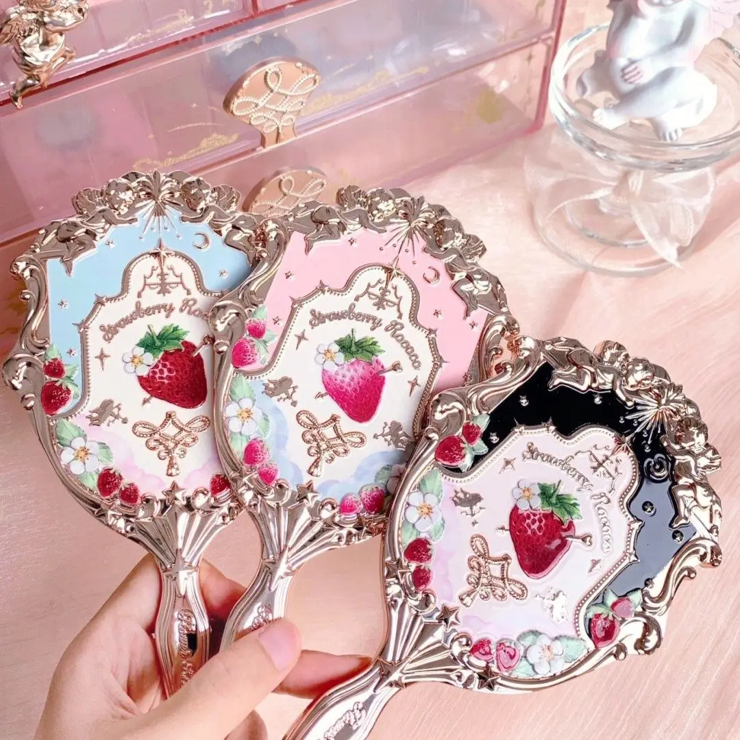 

Flower Knows Strawberry Rococo Series Cosmetic Mirror Kawaii Hand Holding Mirror Exquisite Relief Makeup Tools Mermaid Mirror