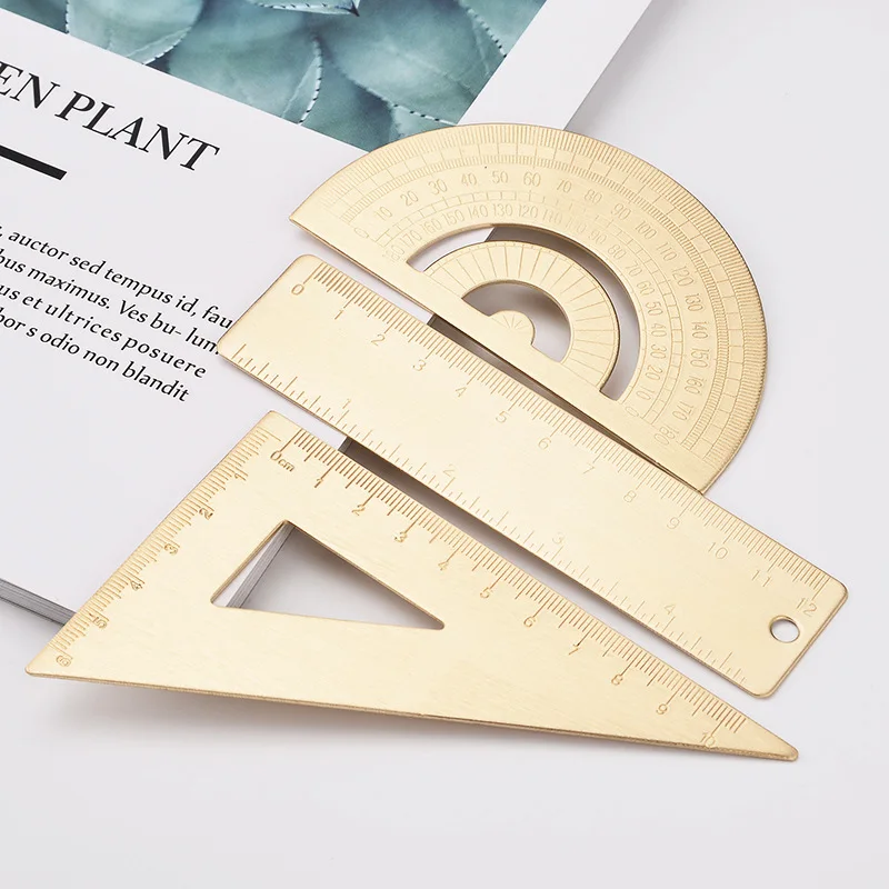 1Pc Vintage Brass Straight Ruler For Students Creative Metal Triangle Ruler Protractor Stationery Measuring Tool School Supplies