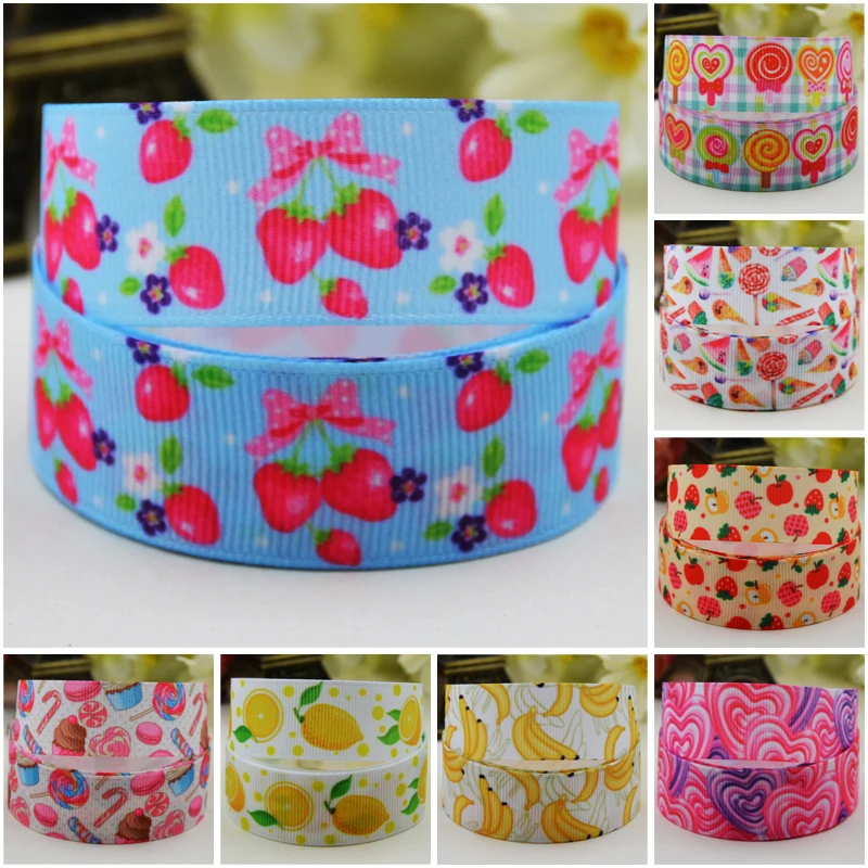 

22mm 25mm 38mm Fruit & Candy Cartoon printed Grosgrain Ribbon for DIY Hair Bows Merry Party Gift Decoration Material 10 Yards