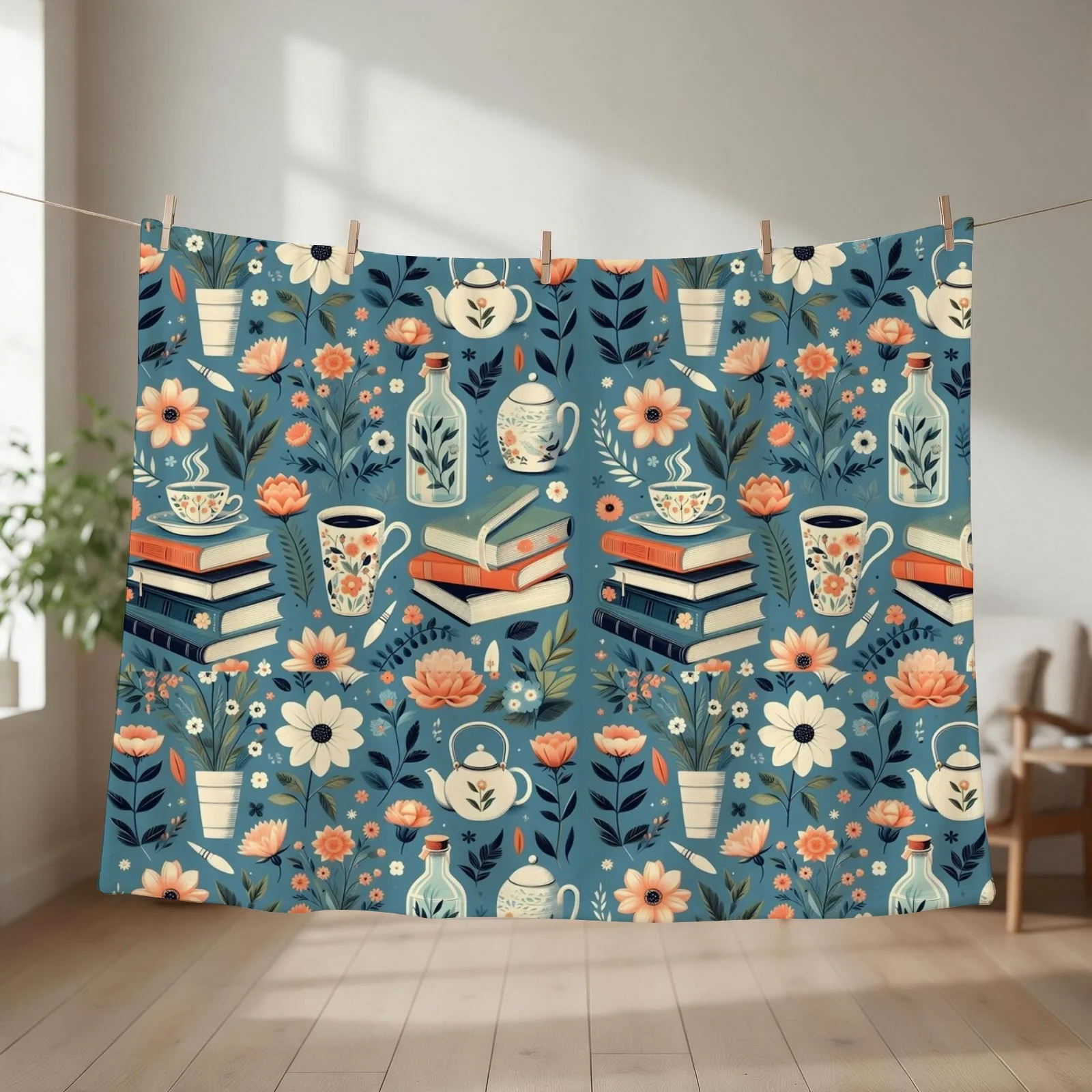 flowery books and tea pattern design for Versatile projects Throw Blanket couch cozy soft plush fuzzy picnic outdoor blanket
