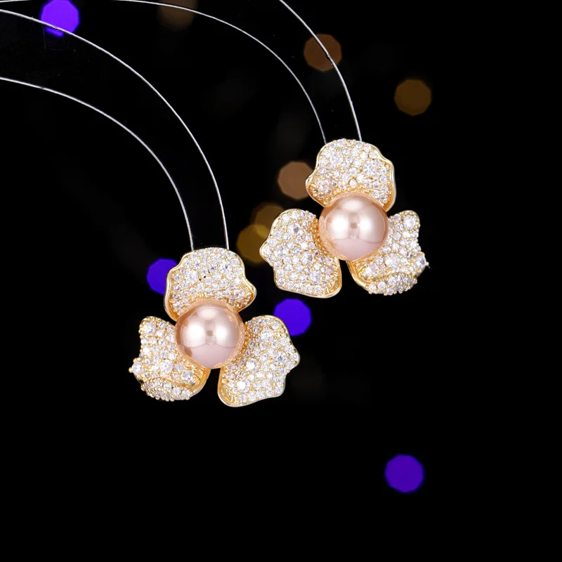 s925 silver needle elegant and high-end earrings, full diamond petals, new trendy zircon inlaid flower pearl stud earrings