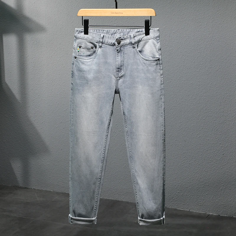 High-End Light Gray Jeans Men's Summer Fashion All-Matching Street Korean Stretch Slim Fit Skinny Casual Fashion Brand Pants