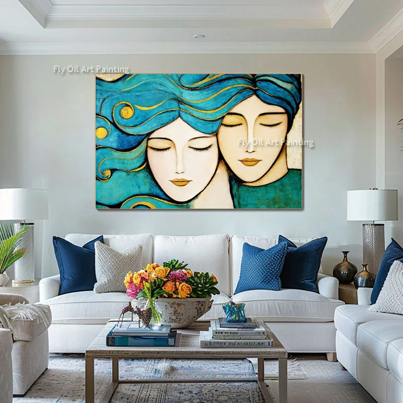 Abstract Green Beige Couple Canvas Thick Oil Painting New Popular Design Handmade Brown Black Elegance Women Wall Art