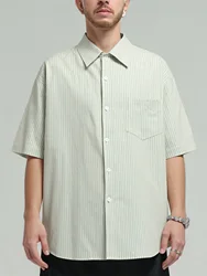 Sycpman Vintage Vertical Stripe Short Sleeve Shirts for Men Japan Style Streetwear Summer Loose Casual Shirt