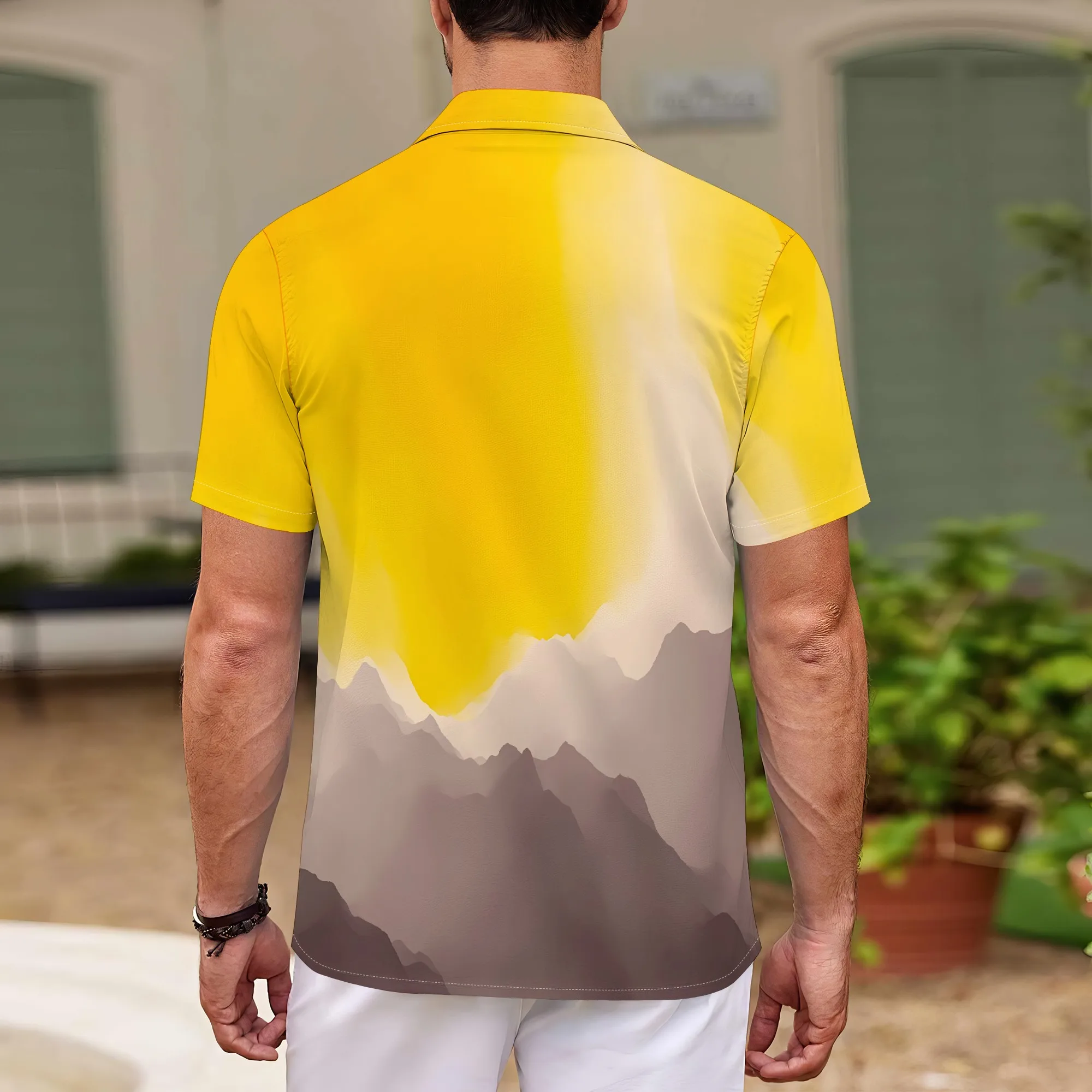 YEAE Gradient Mountain Pattern Shirt for Men Summer Casual Short Sleeve Top
