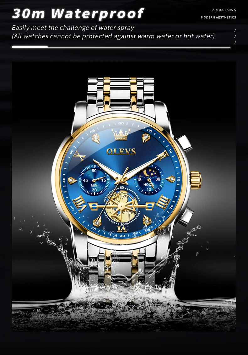 OLEVS 2856 Quartz Watch for Men Flywheel Skeleton Chronograph Moon Phase Multifunctional Stainless Steel Men's Wristwatches