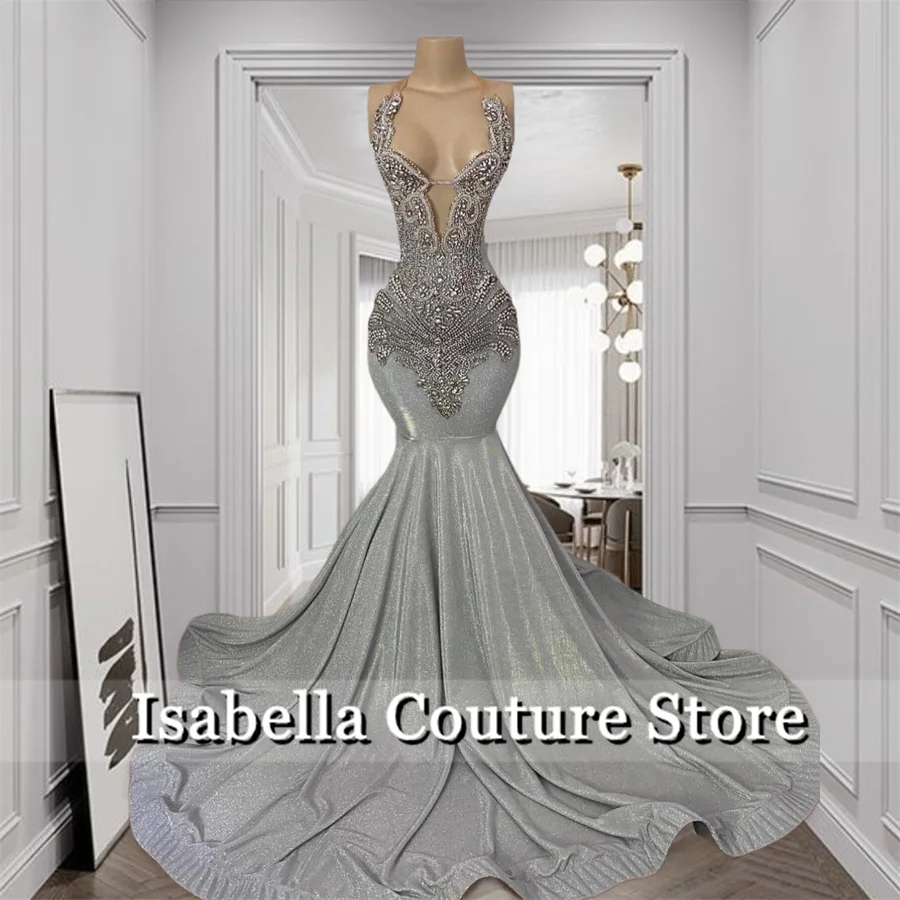 Luxury Silver Long Prom Dresses Beading Crystal 2024 Elegant Party Dress  Vestidos Birthday Dress Bridal Gown Halter Customized  image 2
