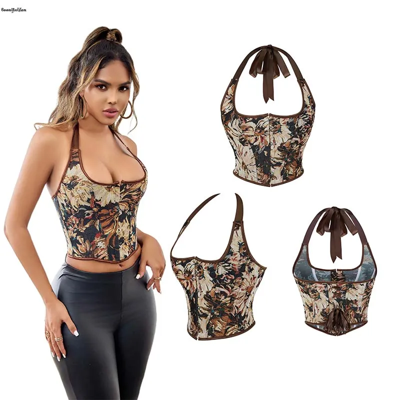 

4 Brooches Closure Brown Steampunk Cropped Vest Tank Top Women's Halter Strap Lace Up Boned Corset