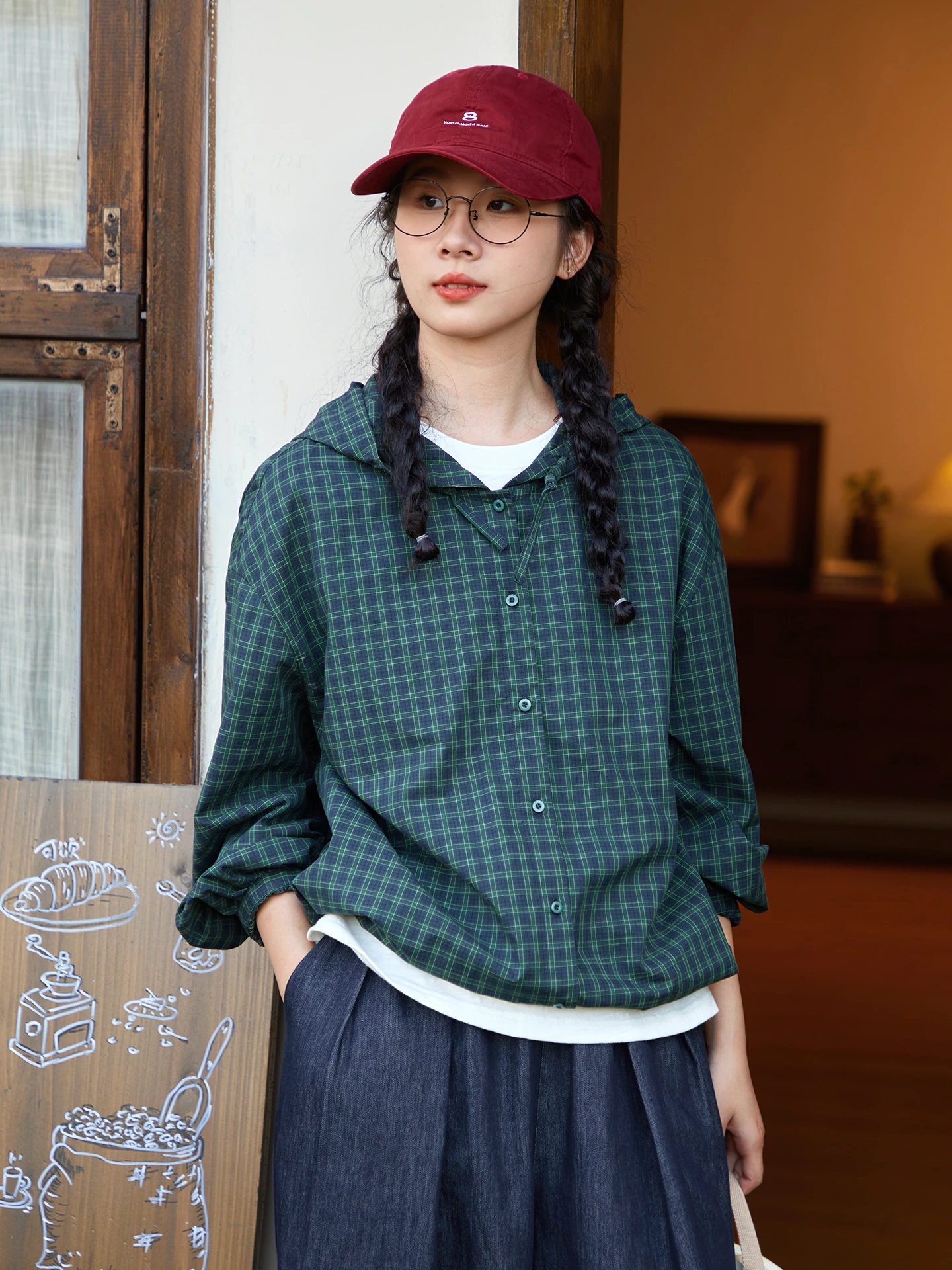 Loose Fit Pure Cotton Green Shirt Women's Casual Style Spring Season Breathable Comfortable Hooded Plaid Pattern Top