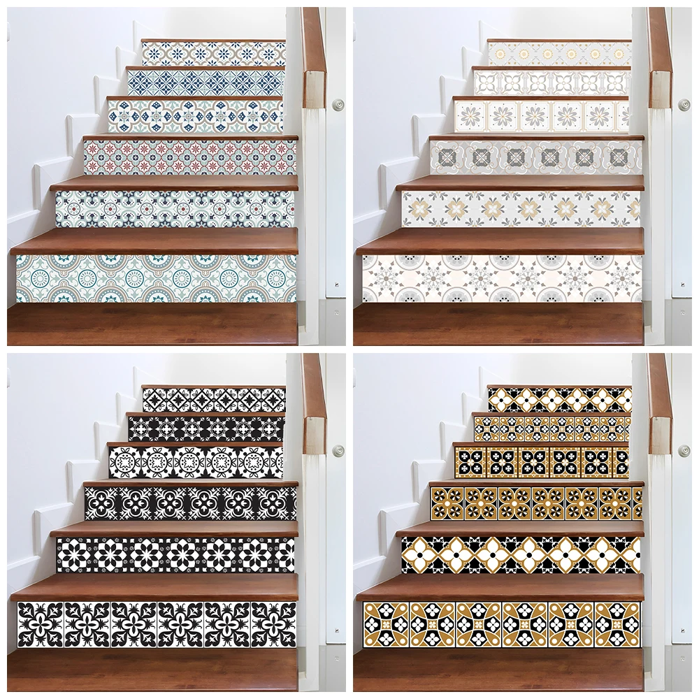 6pcs Abstract Marble Texture Background Staircase Sticker, Removable Home Decoration Arabic Pattern Stairway Riser Decals