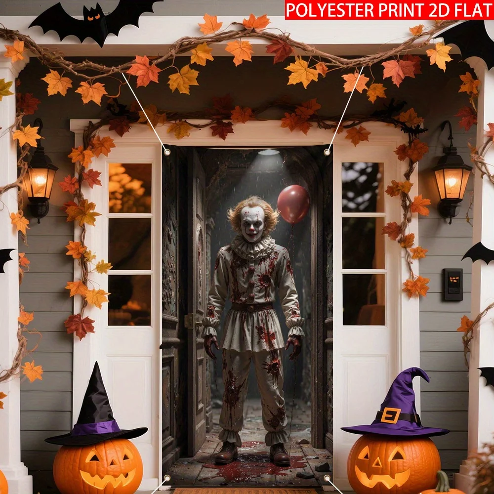 2D door curtain banner, 1 piece Halloween horror clown bloody wizard hat design front door wall window decoration view 2