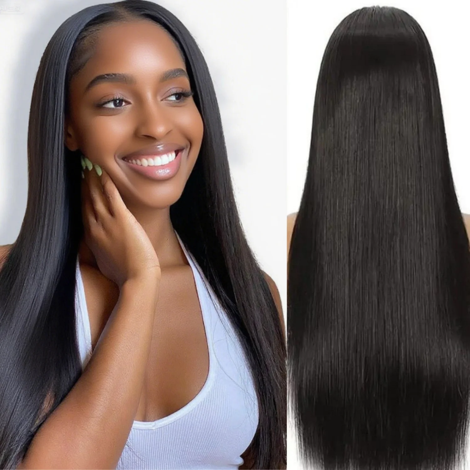 

32" Lace Frontal Wig Black Long Straight Middle Split Bangs Natural Hairline Heat-Resistant Synthetic for Women’s Daily Cosplay